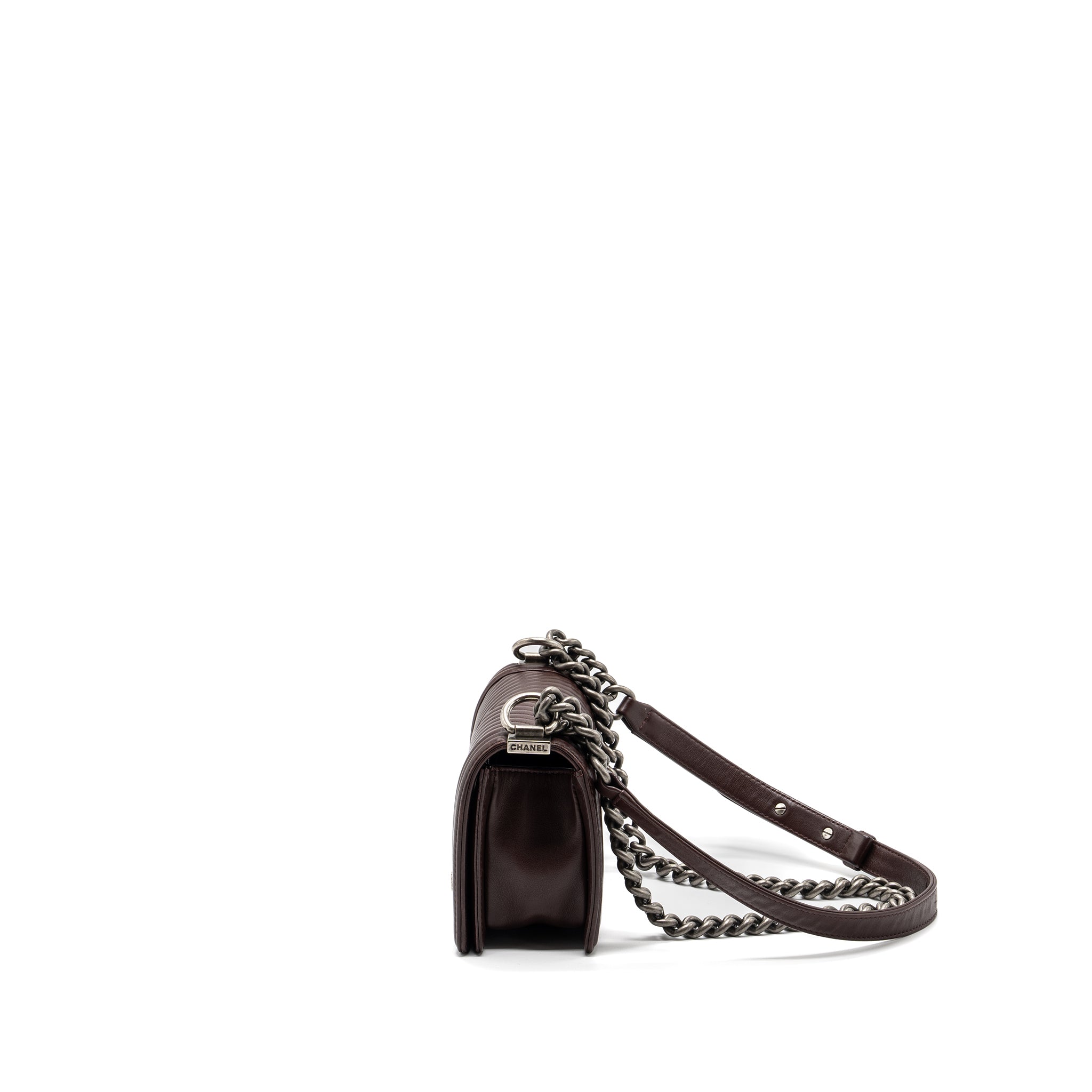 CHANEL CHEVRON SMALL BOY BAG LAMBSKIN BURGUNDY RUTHENIUM HARDWARE