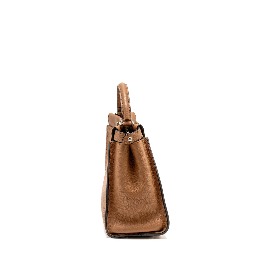 FENDI MEDIUM PEEKABOO TOTE BAG GRAINED CALFSKIN DARK BEIGE SHW