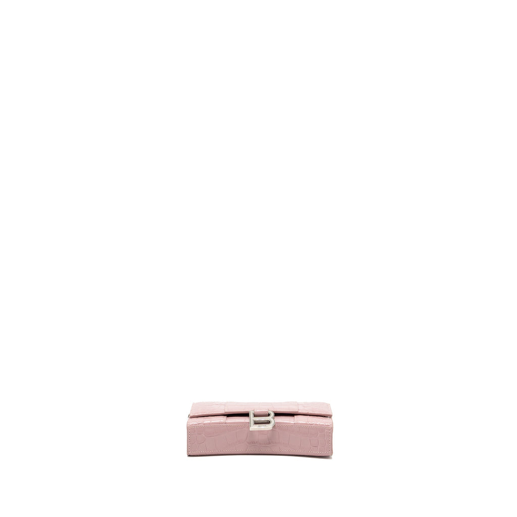 BALENCIAGA HOURGLASS WALLET ON CHAIN CROC-EMBOSSED CALFSKIN PINK SHW