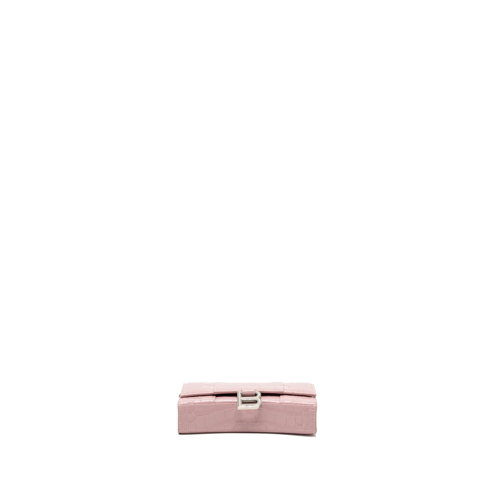 BALENCIAGA HOURGLASS WALLET ON CHAIN CROC-EMBOSSED CALFSKIN PINK SHW