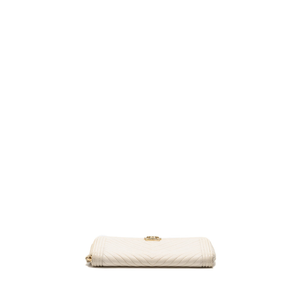CHANEL CHEVRON BOY ZIP LONG WALLET CAVIAR WHITE LGHW