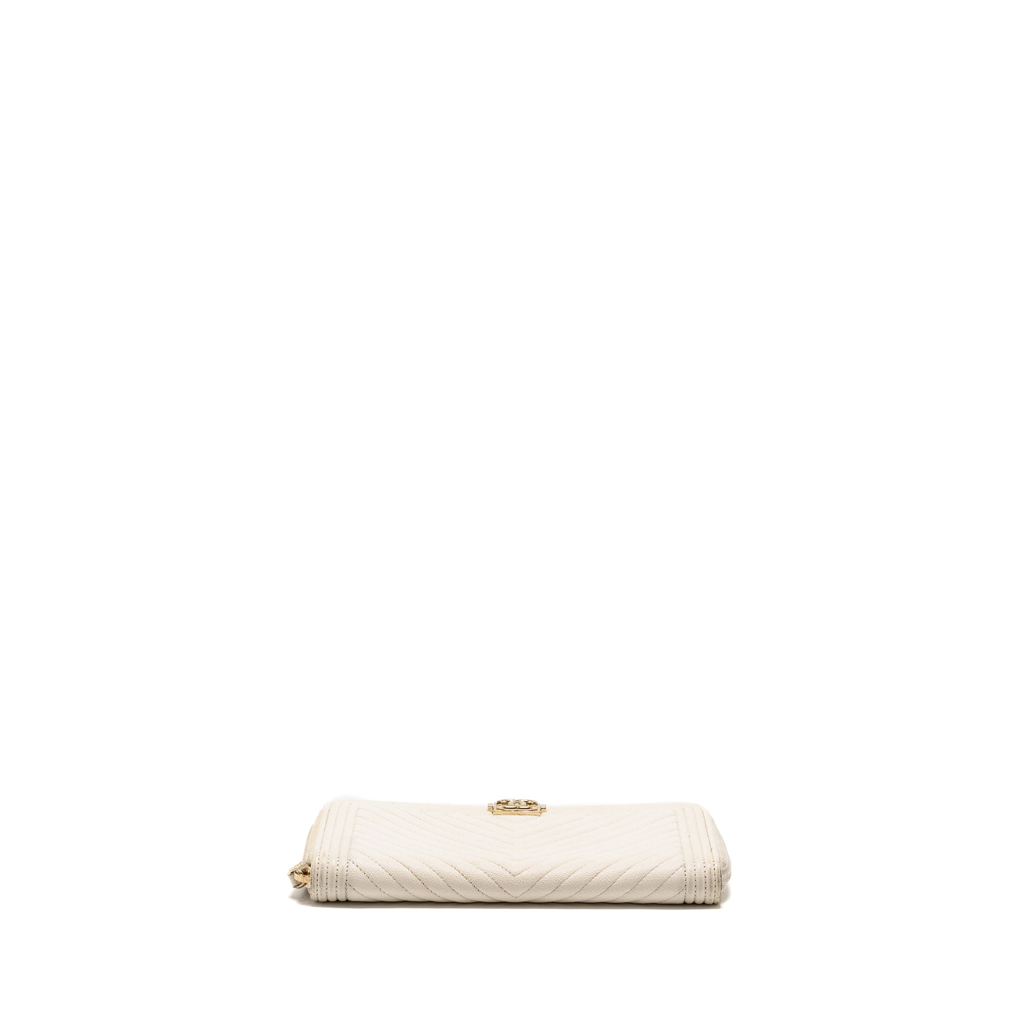 CHANEL CHEVRON BOY ZIP LONG WALLET CAVIAR WHITE LGHW