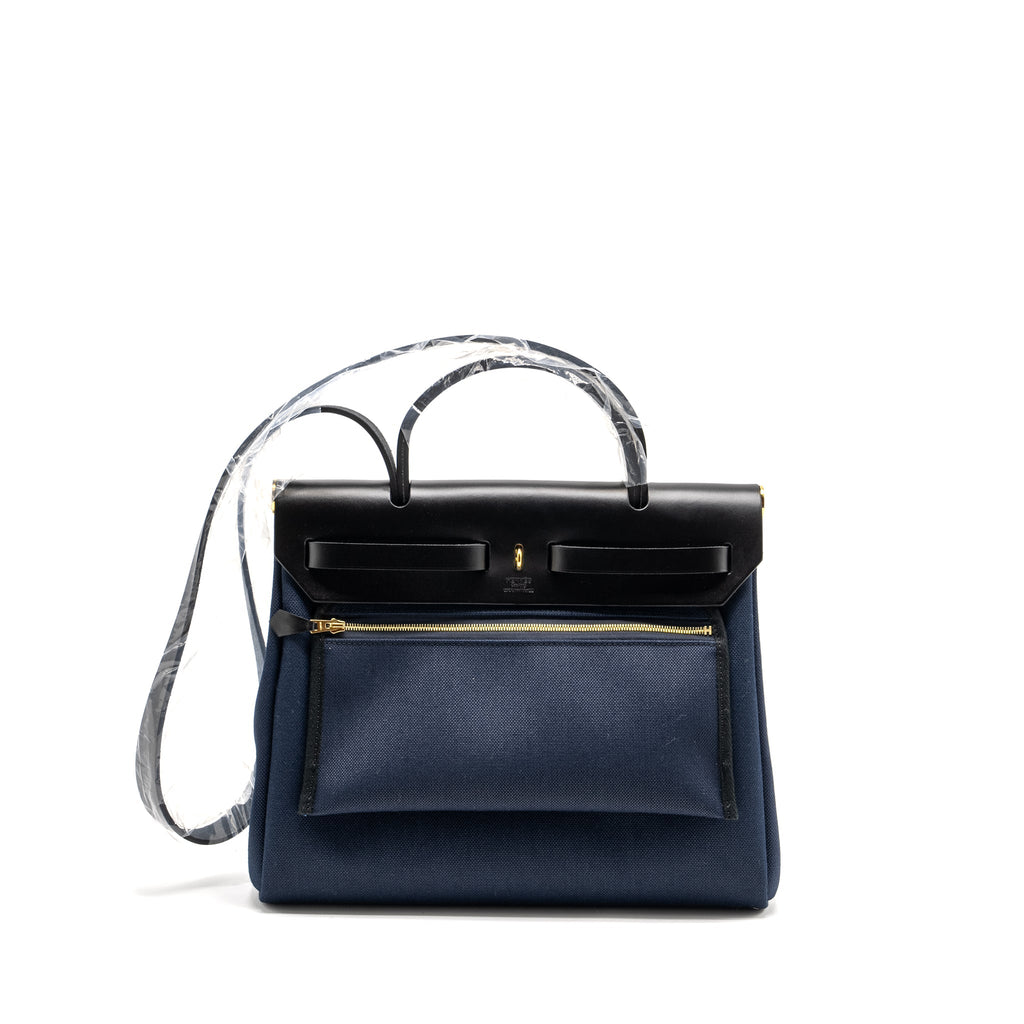 HERMES HERBAG 31 ZIP BAG CANVAS / LEATHER BLUE MARINE / BLACK GHW