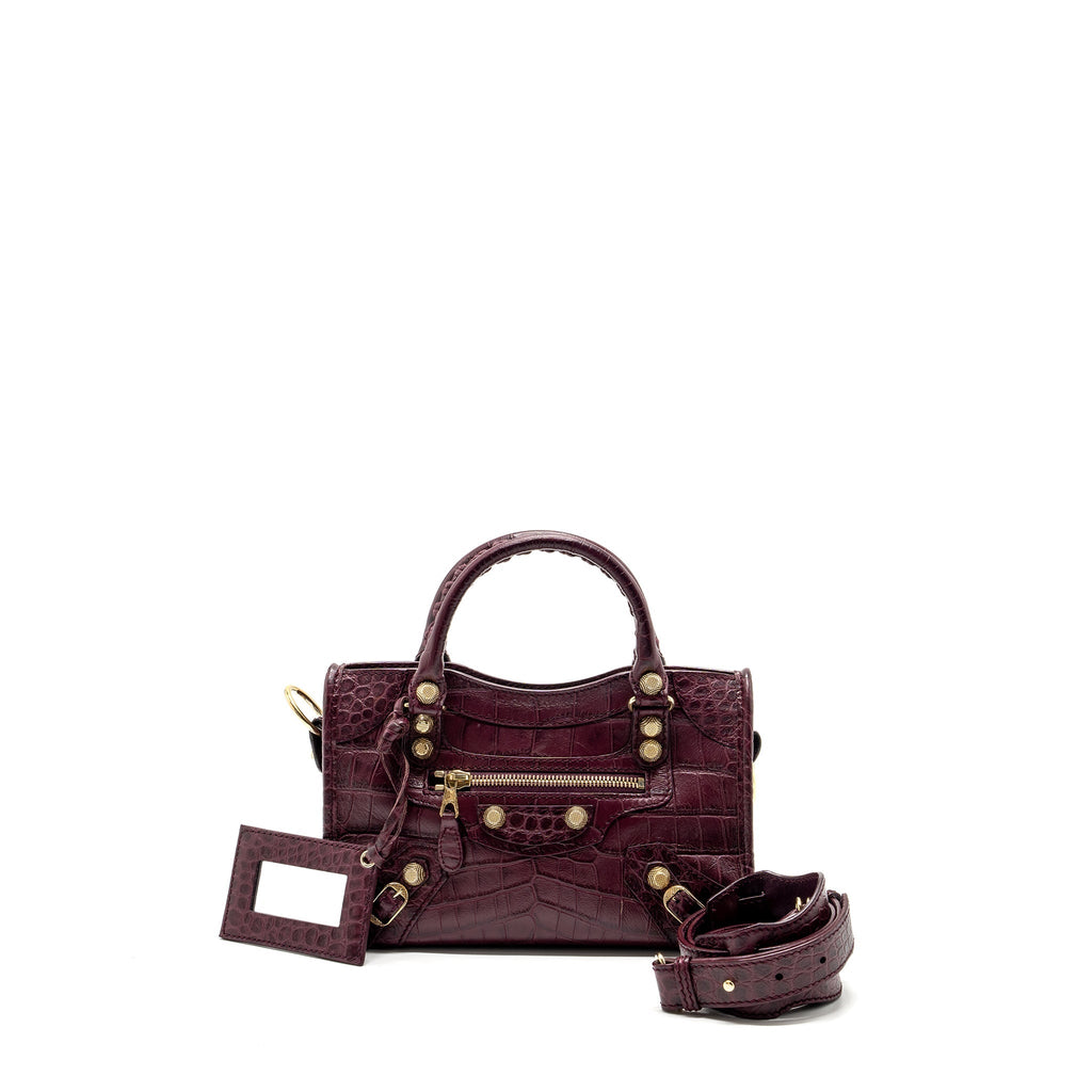 BALENCIAGA MINI CITY BAG CROC EMBOSSED CALFSKIN BURGUNDY GHW