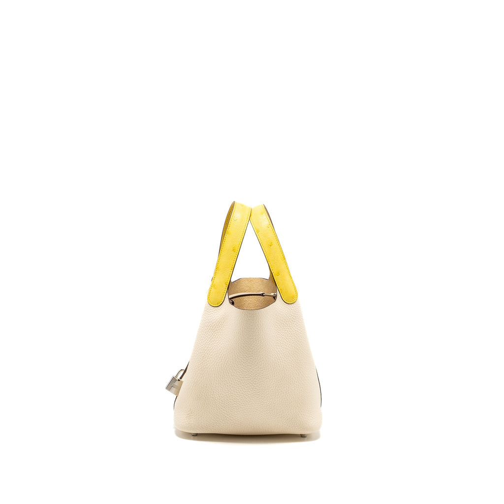 HERMES PICOTIN 18 LOCK BAG CLEMENCE/OSTRICH HANDLE NATA/JAUNE CITRON SHW