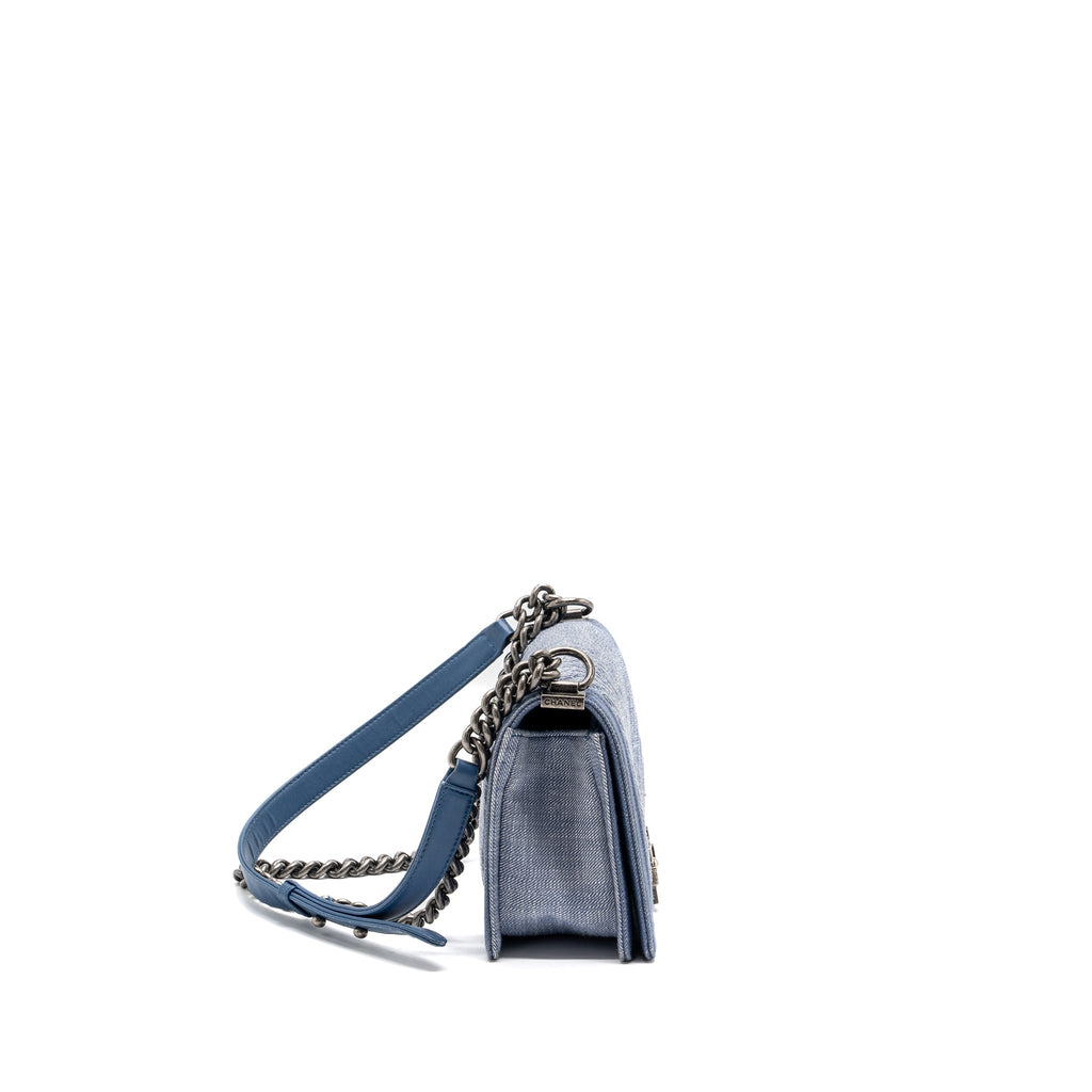 CHANEL MEDIUM BOY BAG DENIM BLUE RUTHENIUM SILVER HARDWARE