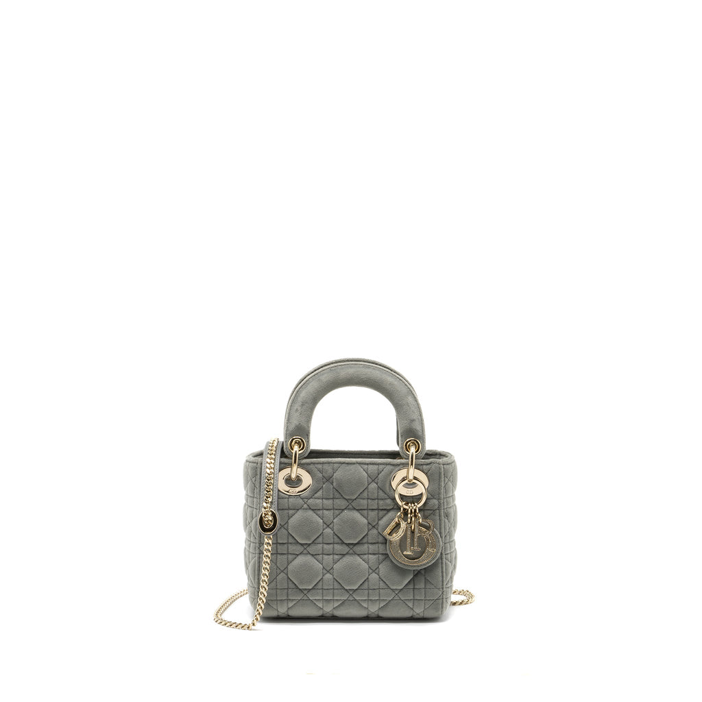 DIOR MINI LADY DIOR VELVET LIGHT GREY LGHW