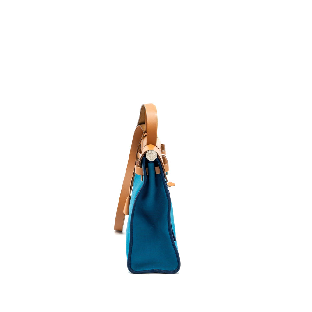 HERMES HERBAG ZIP 31 BAG CANVAS / HUNTER LEATHER BLUE SHW SQUARE Q