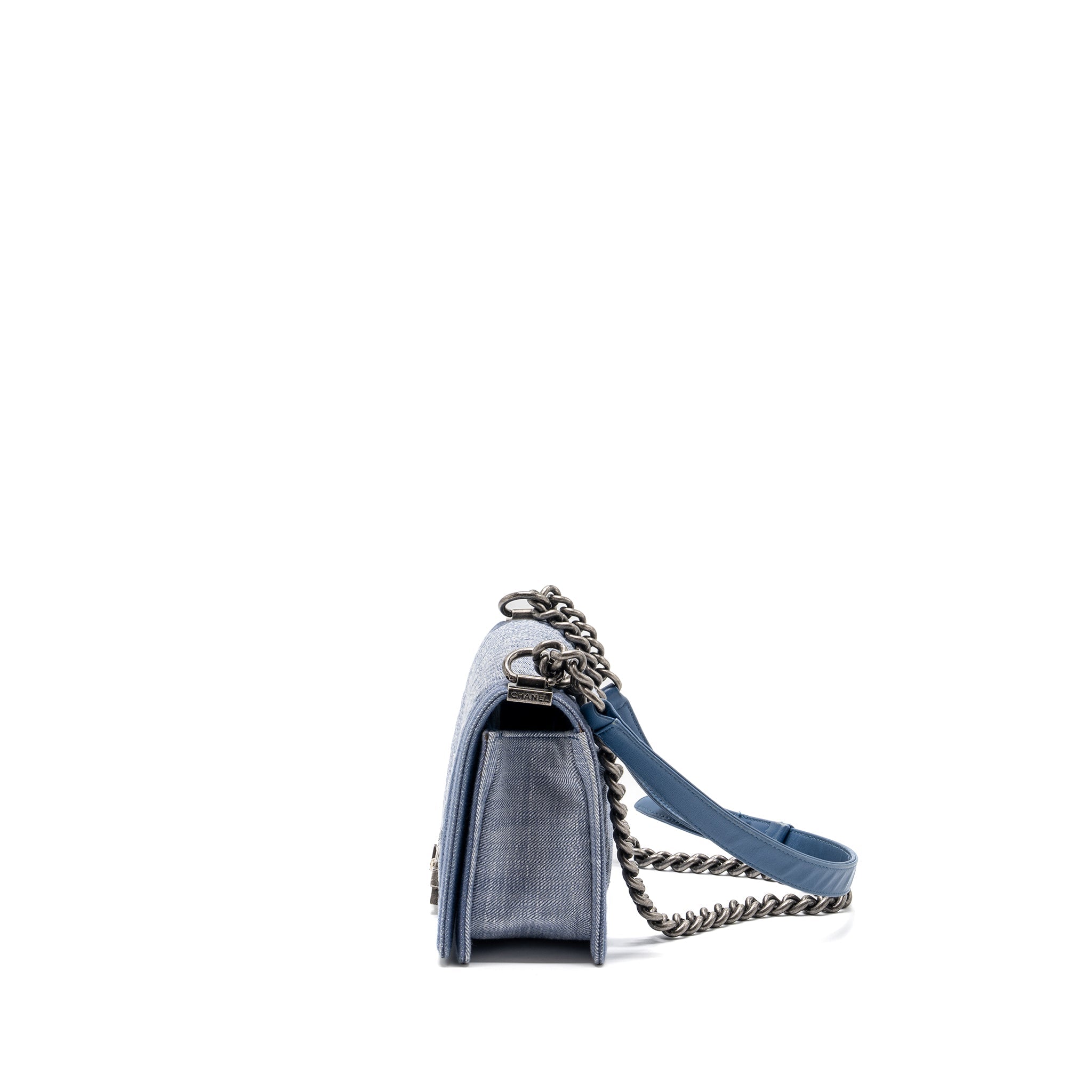 CHANEL MEDIUM BOY BAG DENIM BLUE RUTHENIUM SILVER HARDWARE