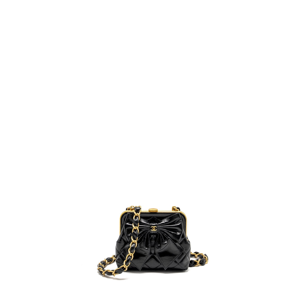CHANEL 24A BOWKNOT CLUTCH WITH CHAIN PATENT CRUMPLED LAMBSKIN/SHINY LAMBSKIN BLACK GHW (MICROCHIP)