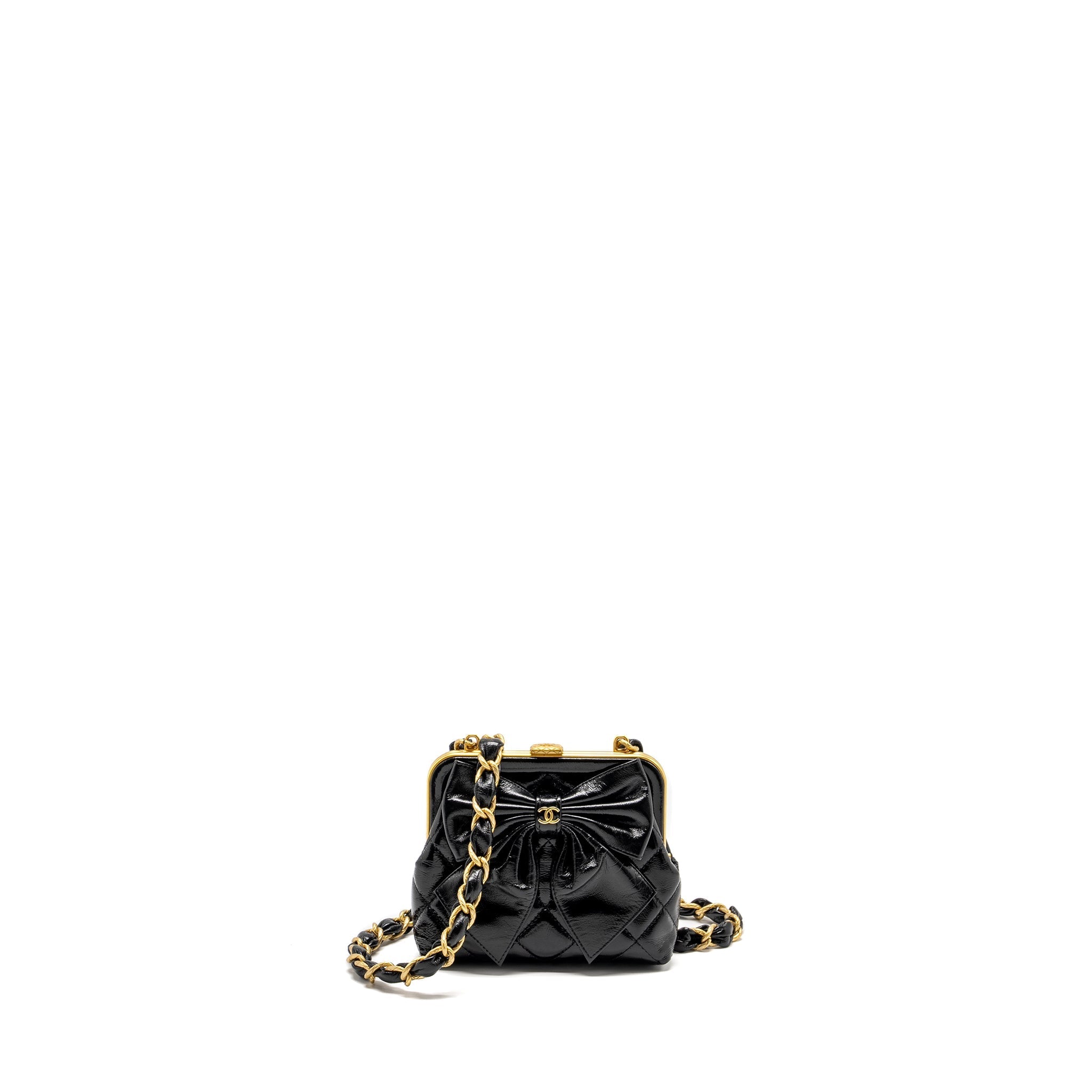 CHANEL 24A BOWKNOT CLUTCH WITH CHAIN PATENT CRUMPLED LAMBSKIN/SHINY LAMBSKIN BLACK GHW (MICROCHIP)