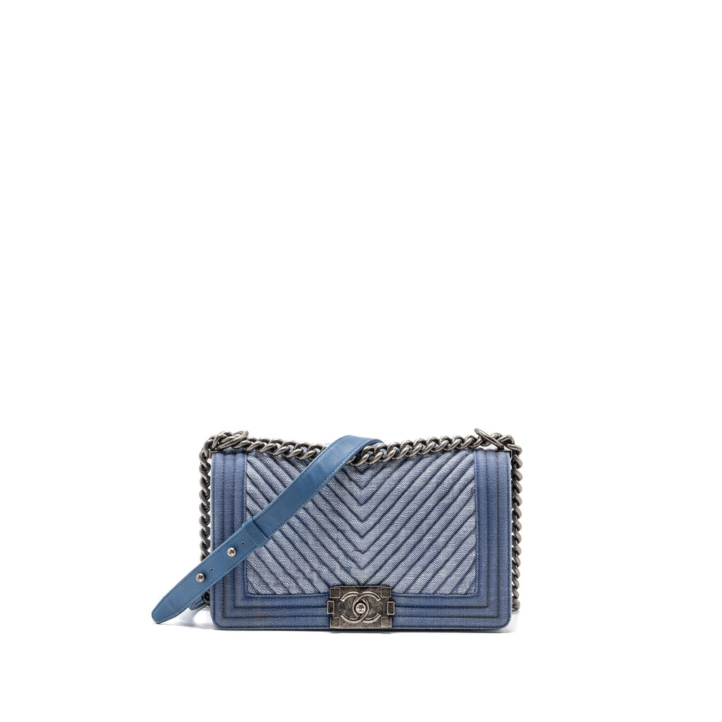 CHANEL MEDIUM BOY BAG DENIM BLUE RUTHENIUM SILVER HARDWARE