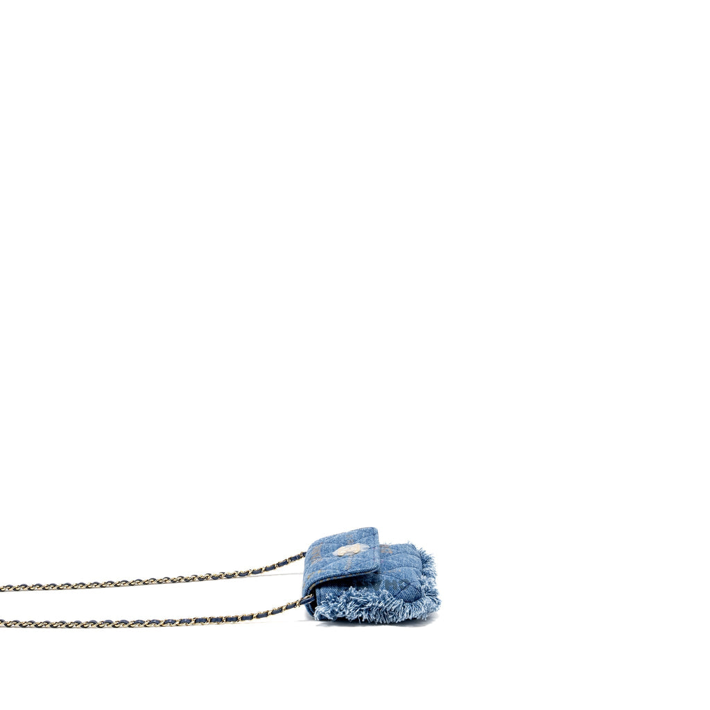 CHANEL 22P LOGO PRINTED MINI CLUTCH WITH CHAIN DENIM BLUE/MULTICOLOUR LGHW
