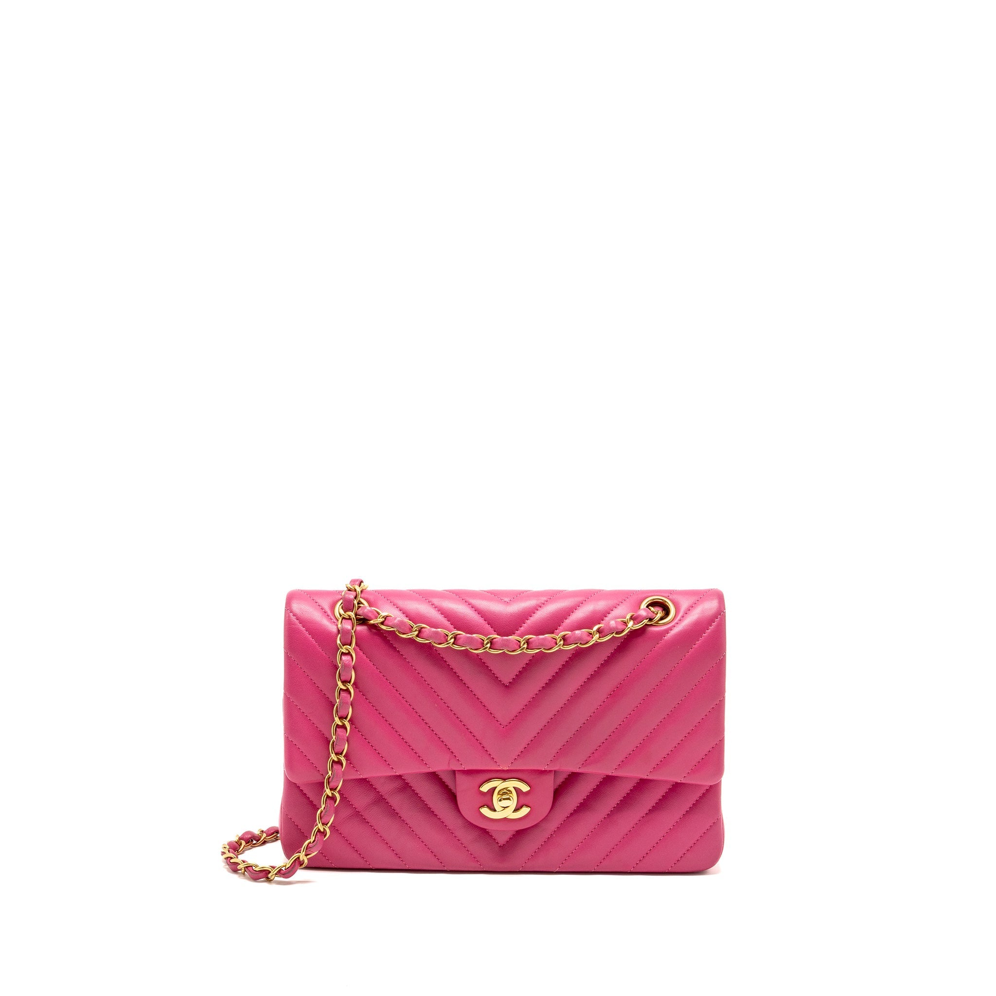 CHANEL MEDIUM CHEVRON CLASSIC DOUBLE FLAP BAG LAMBSKIN PINK GHW