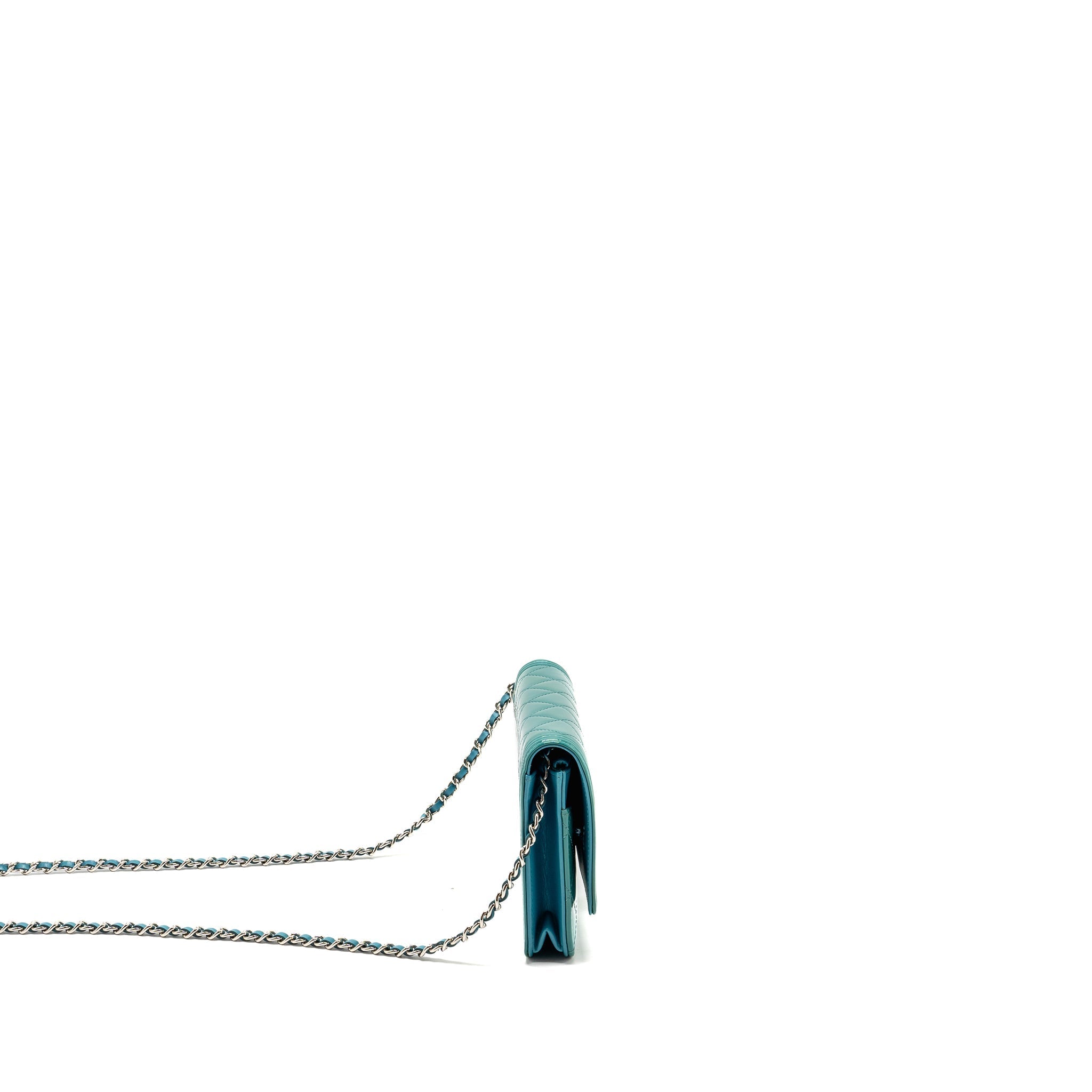 CHANEL BOY WALLET ON CHAIN PATENT GREEN SHW