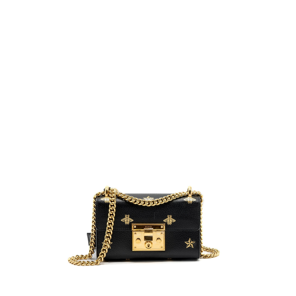 GUCCI PADLOCK CHAIN BAG BEE PRINT CALFSKIN BLACK GHW
