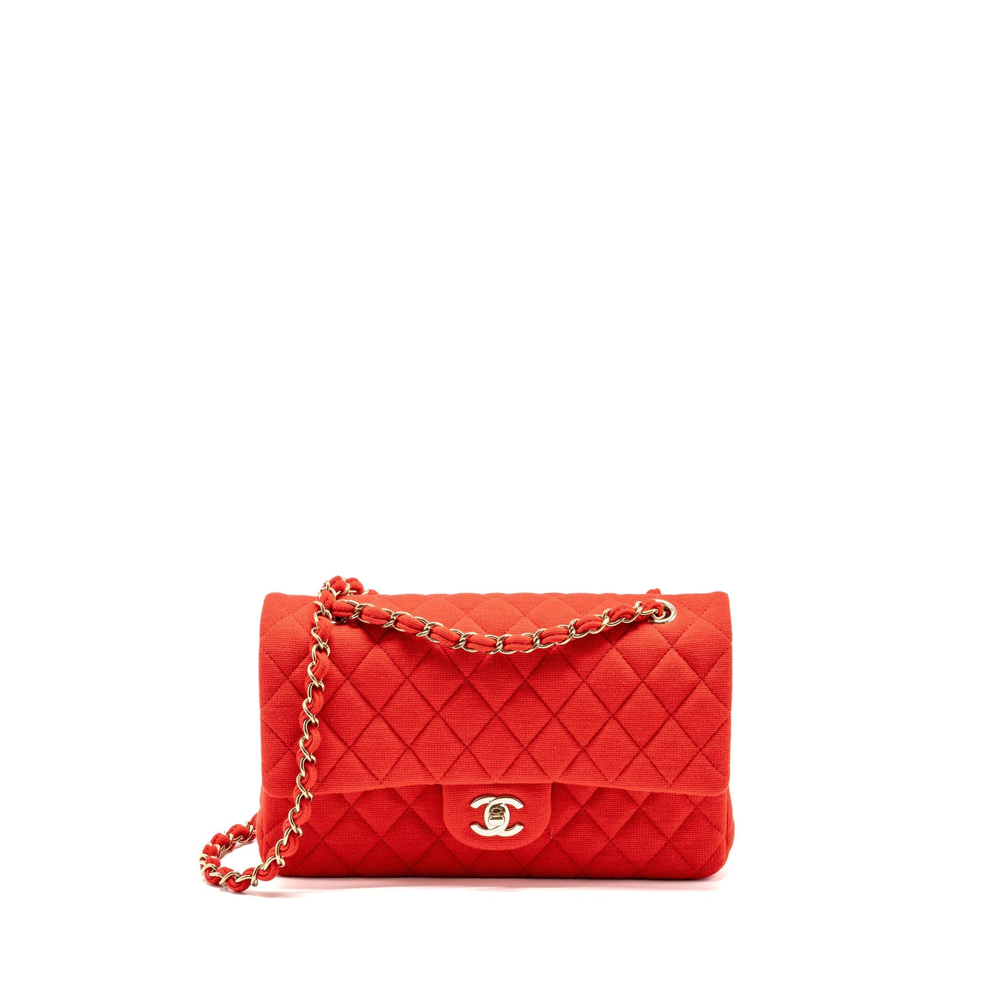 CHANEL MEDIUM CLASSIC DOUBLE FLAP BAG FABRIC RED /PINK LGHW (MICROCHIP)