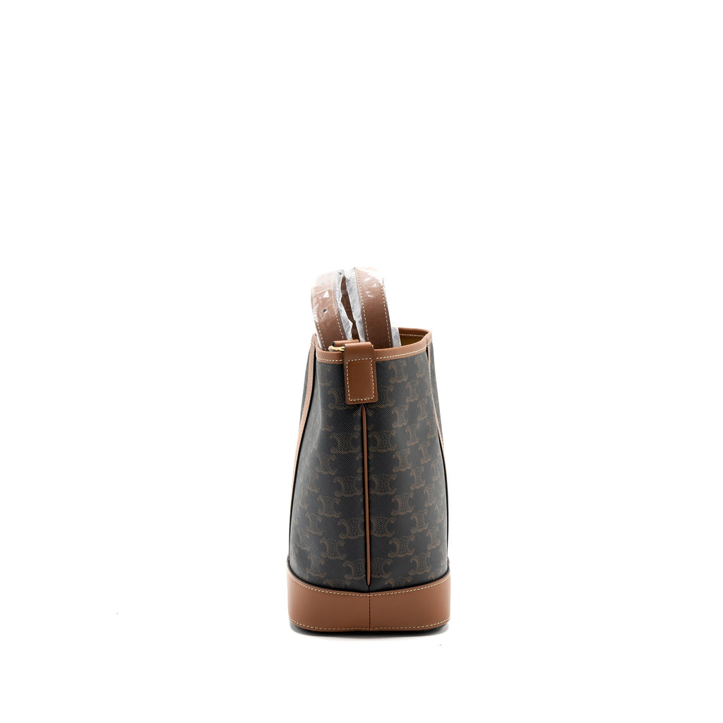 CELINE SMALL BUCKET IN TRIOMPHE CANVAS AND CALFSKIN TAN GHW