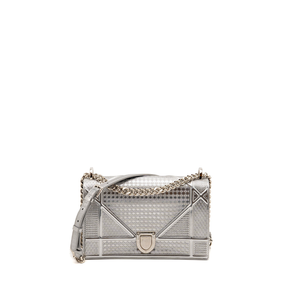 DIOR DIORAMA FLAP BAG PATENT MICRO-CANNAGE LEATHER METALLIC SILVER SHW