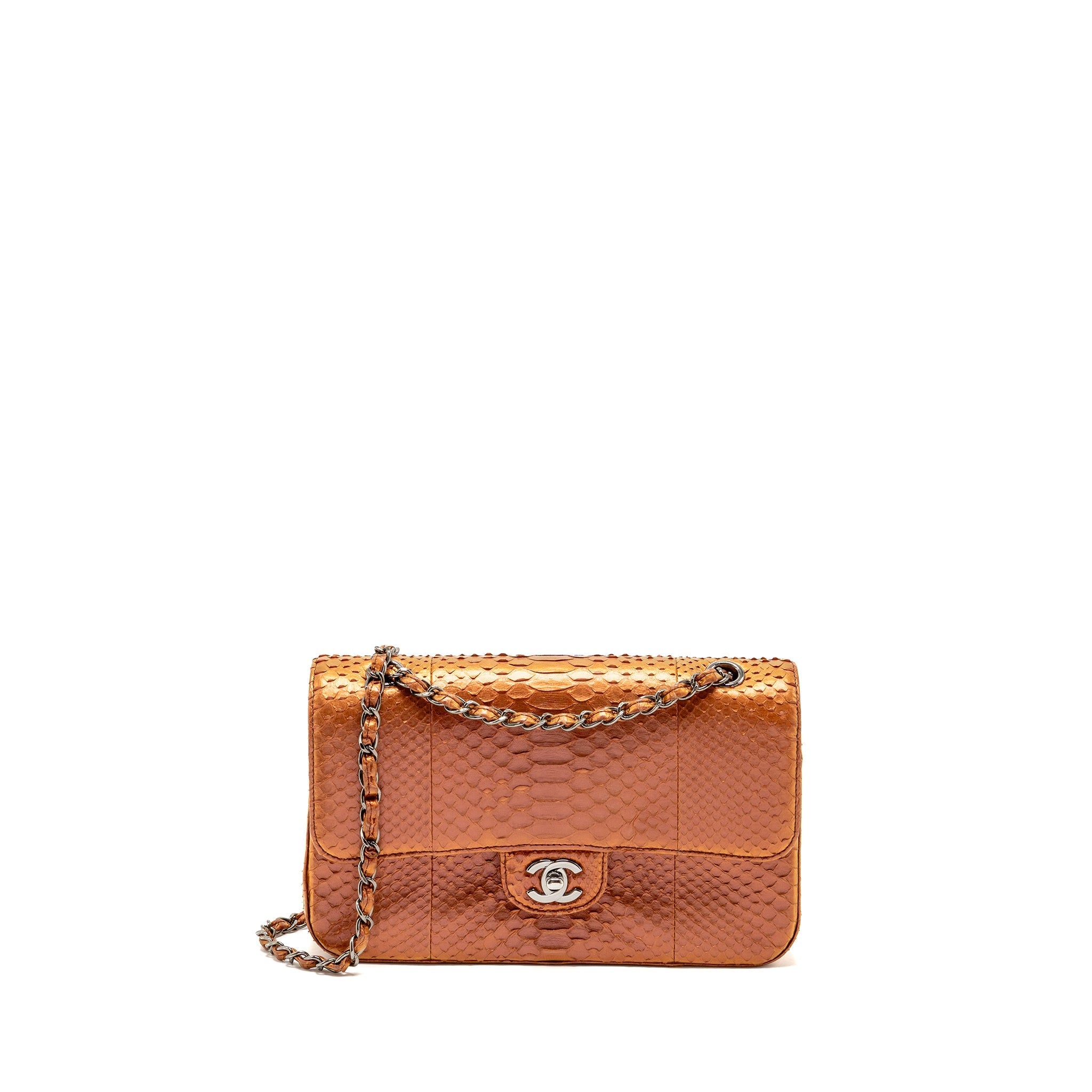 CHANEL CLASSIC DOUBLE FLAP BAG PYTHON LEATHER ORANGE SHW