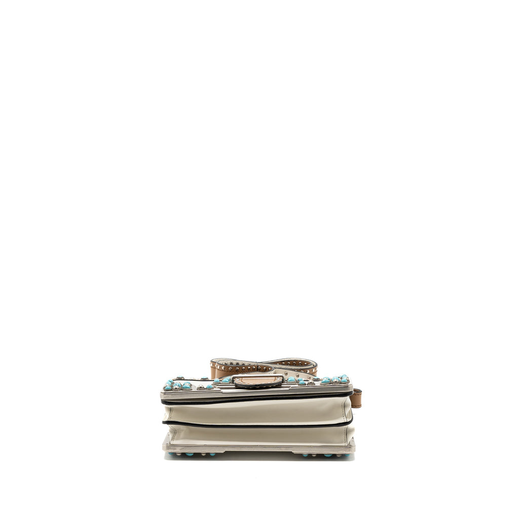 PRADA CAHIER EMBELLISHED TWO-TONE LEATHER SHOULDER BAG WHITE / CARAMEL SHW