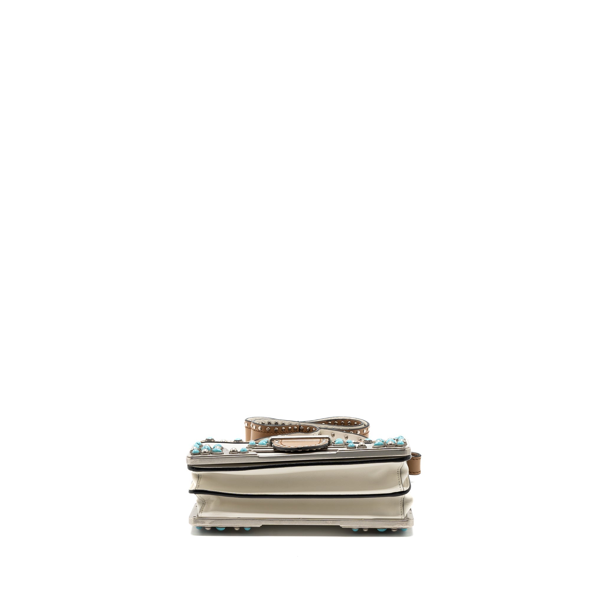 PRADA CAHIER EMBELLISHED TWO-TONE LEATHER SHOULDER BAG WHITE / CARAMEL SHW