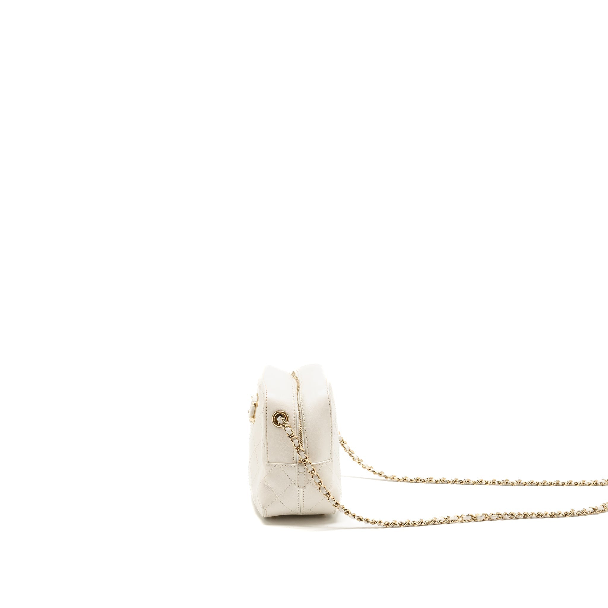 CHANEL MINI CAMERA BAG WITH CHAIN CALFSKIN WHITE LGHW