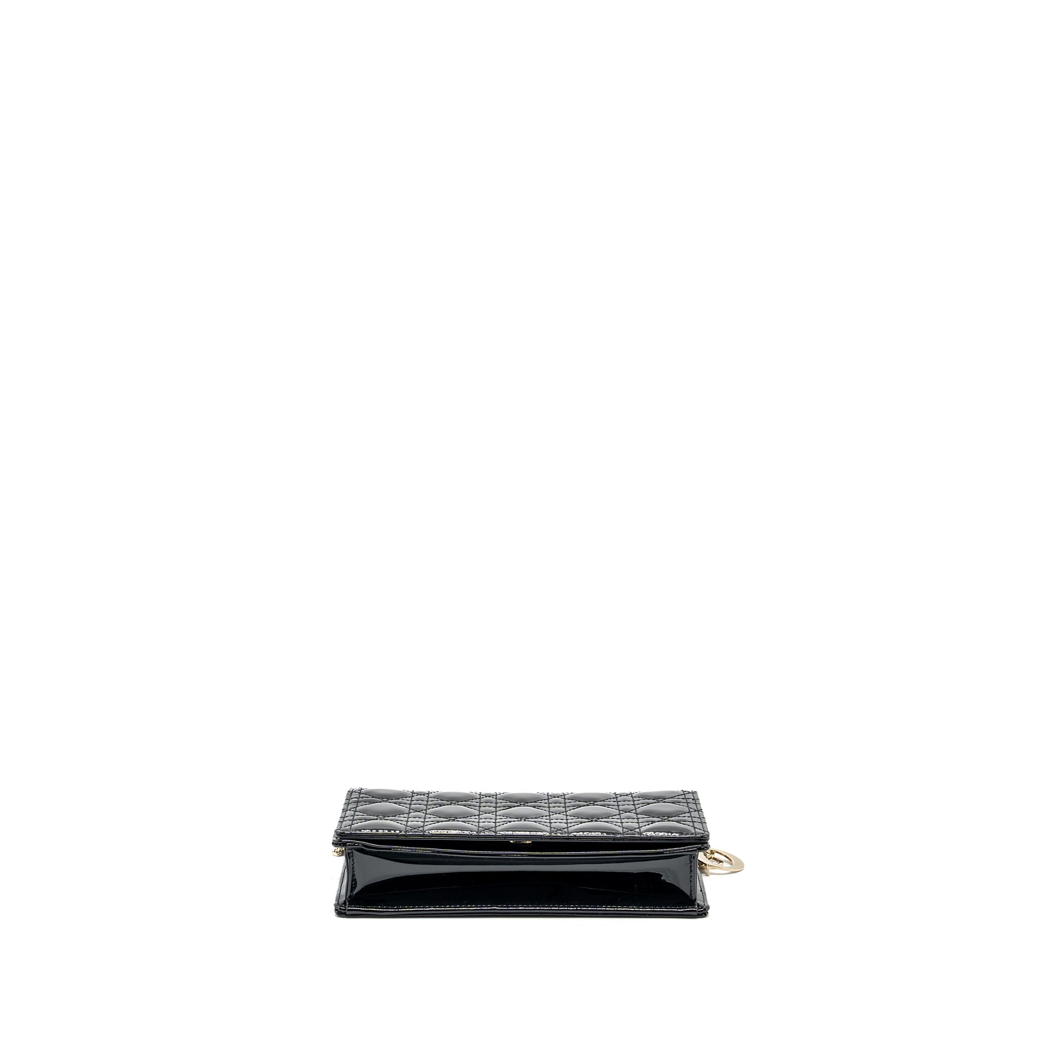 DIOR LADY DIOR POUCH WALLET ON CHAIN PATENT BLACK LGHW