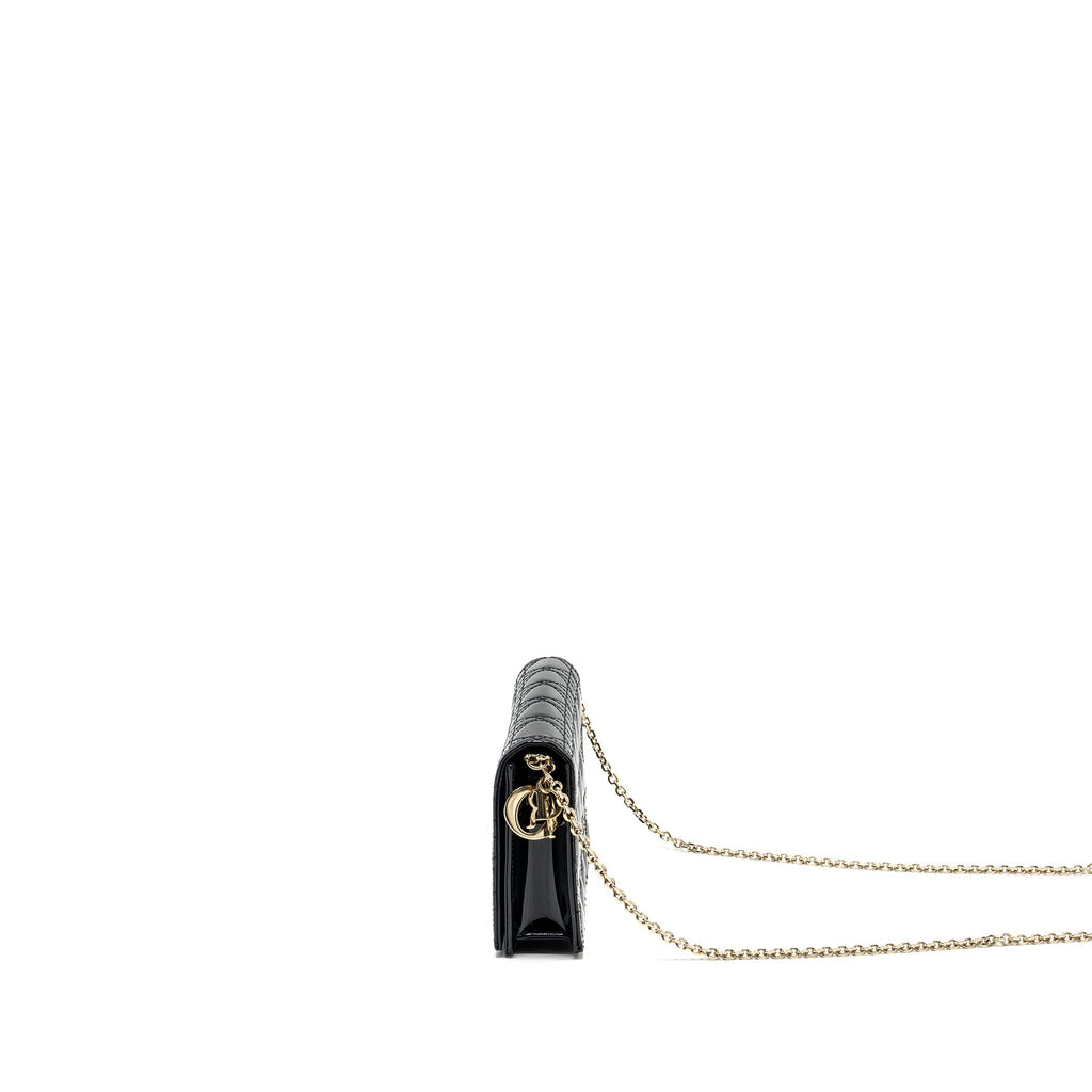 DIOR LADY DIOR POUCH WALLET ON CHAIN PATENT BLACK LGHW