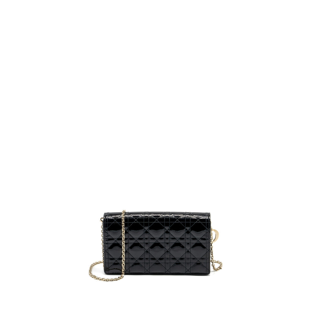 DIOR LADY DIOR POUCH WALLET ON CHAIN PATENT BLACK LGHW