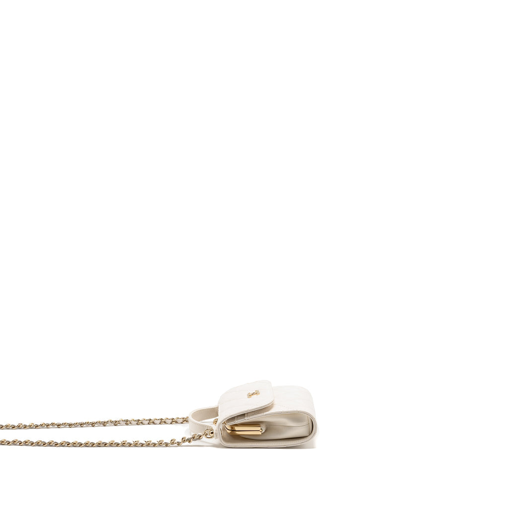 CHANEL TOP HANDLE FLAP KISS LOCK MINI CLUTCH WITH CHAIN LAMBSKIN WHITE LGHW (MICROCHIP)