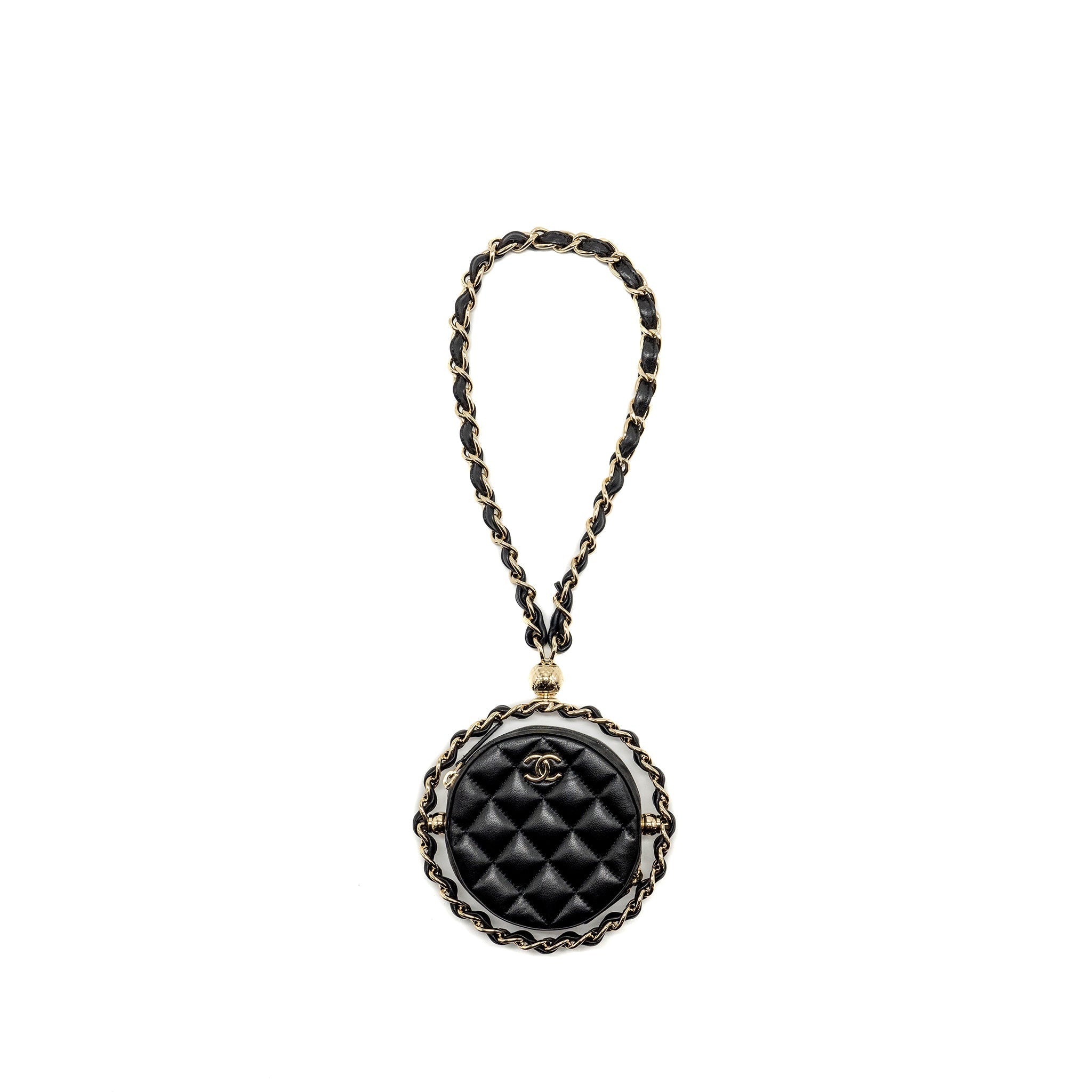 CHANEL 22C QUILTED ROUND CLUTCH WITH CHAIN LAMBSKIN BLACK LGHW