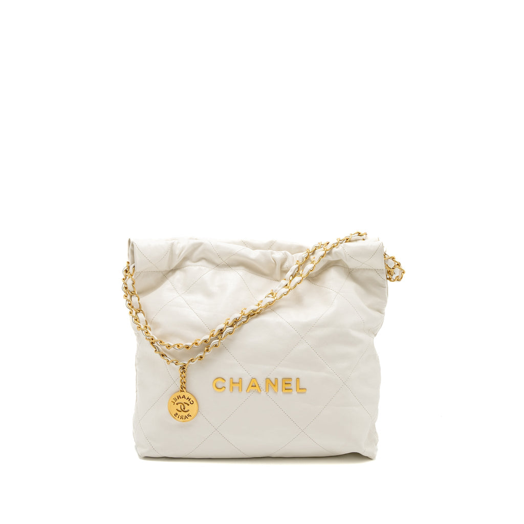 CHANEL SMALL 22 BAG GOLD LETTER SHINY CALFSKIN WHITE BRUSHED GHW (MICROCHIP)