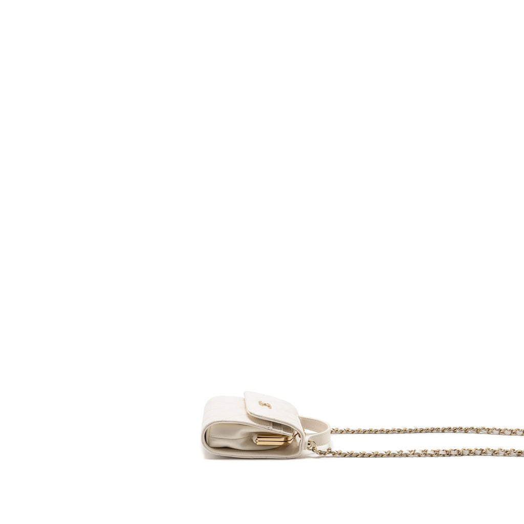 CHANEL TOP HANDLE FLAP KISS LOCK MINI CLUTCH WITH CHAIN LAMBSKIN WHITE LGHW (MICROCHIP)