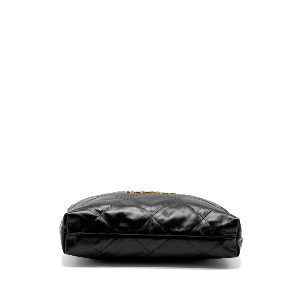 CHANEL MEDIUM 22 BAG GOLD LETTER SHINY CALFSKIN BLACK BRUSHED GHW (MICROCHIP)