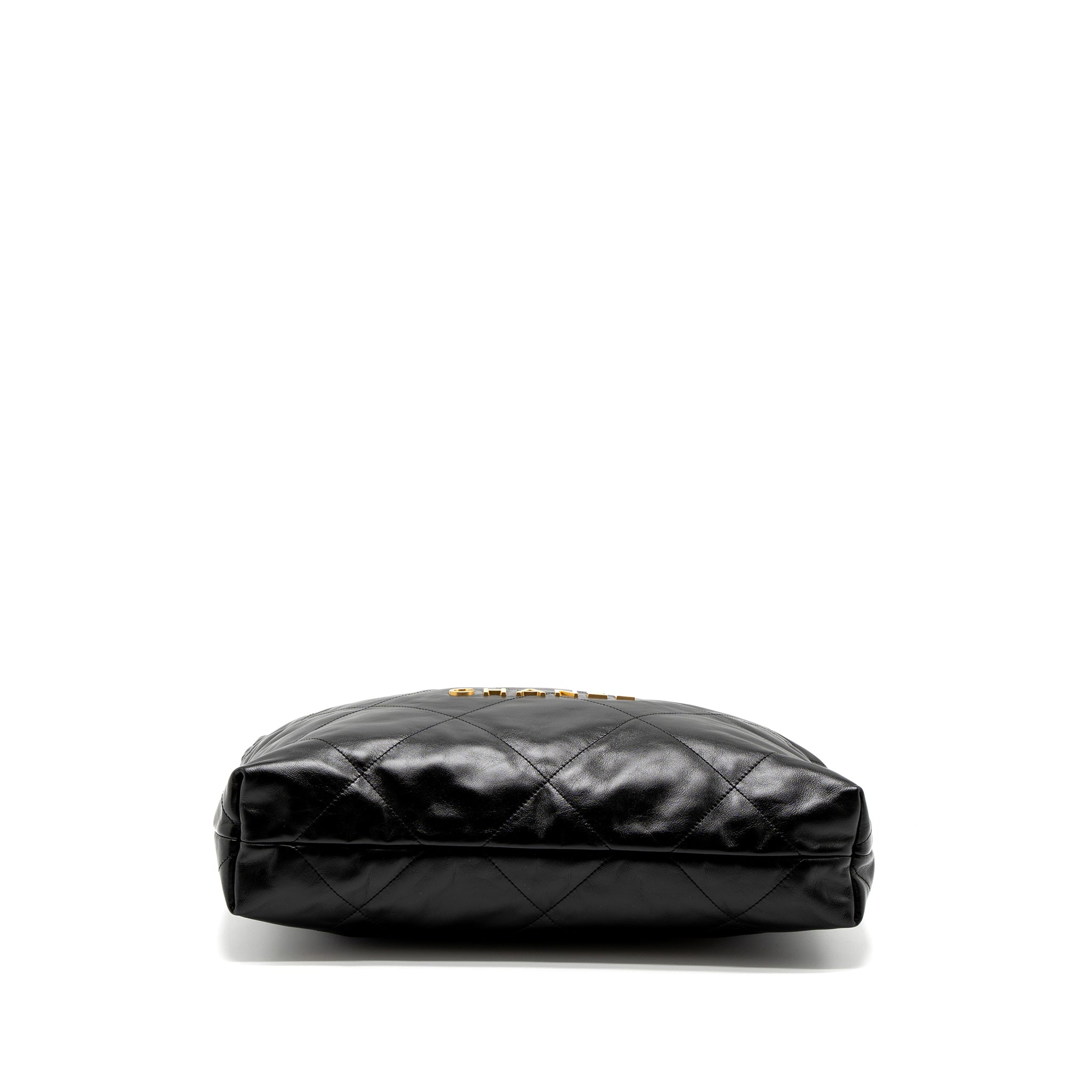 CHANEL MEDIUM 22 BAG GOLD LETTER SHINY CALFSKIN BLACK BRUSHED GHW (MICROCHIP)