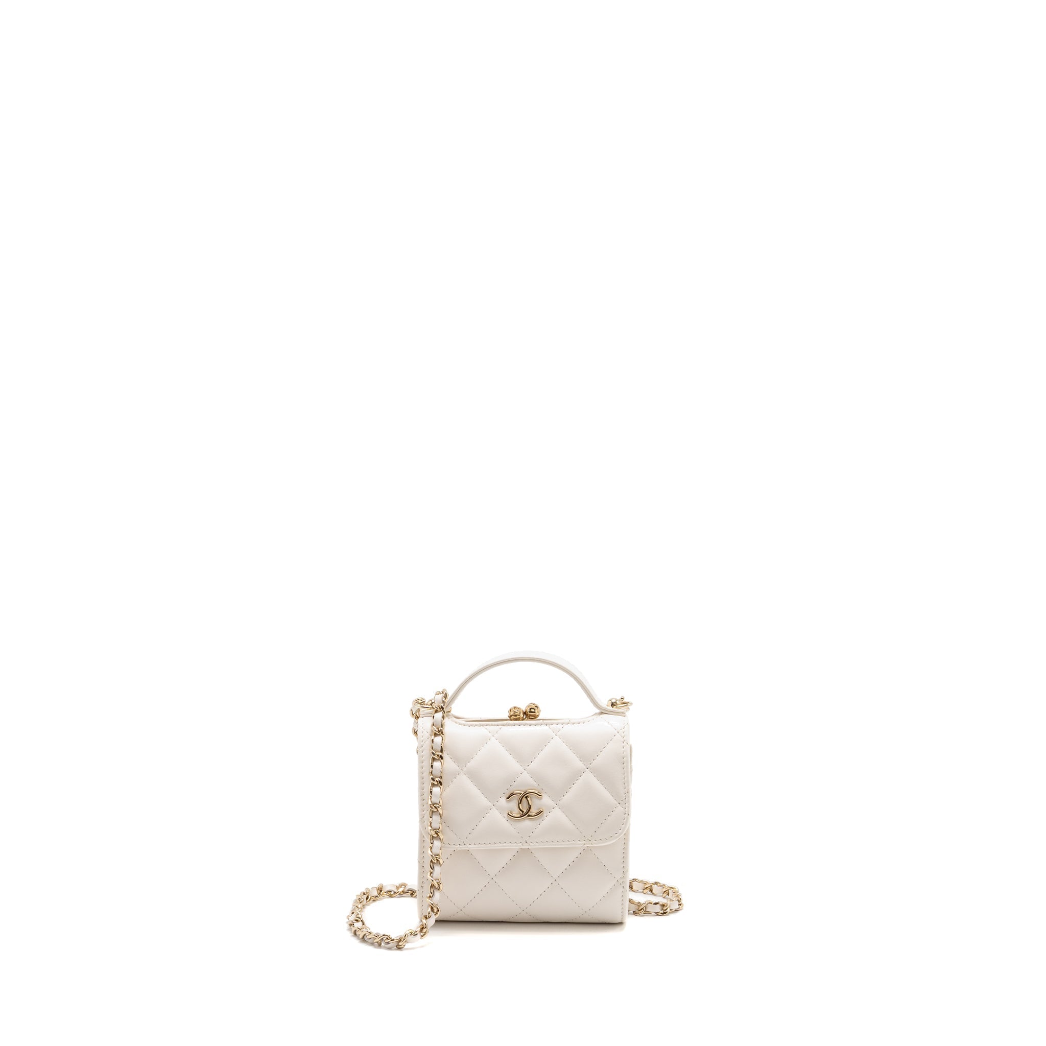 CHANEL TOP HANDLE FLAP KISS LOCK MINI CLUTCH WITH CHAIN LAMBSKIN WHITE LGHW (MICROCHIP)