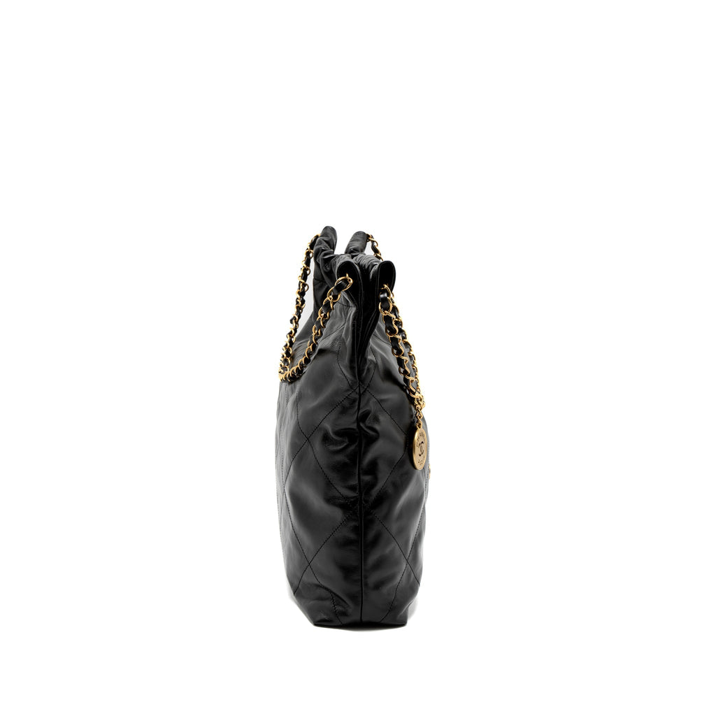 CHANEL MEDIUM 22 BAG GOLD LETTER SHINY CALFSKIN BLACK BRUSHED GHW (MICROCHIP)