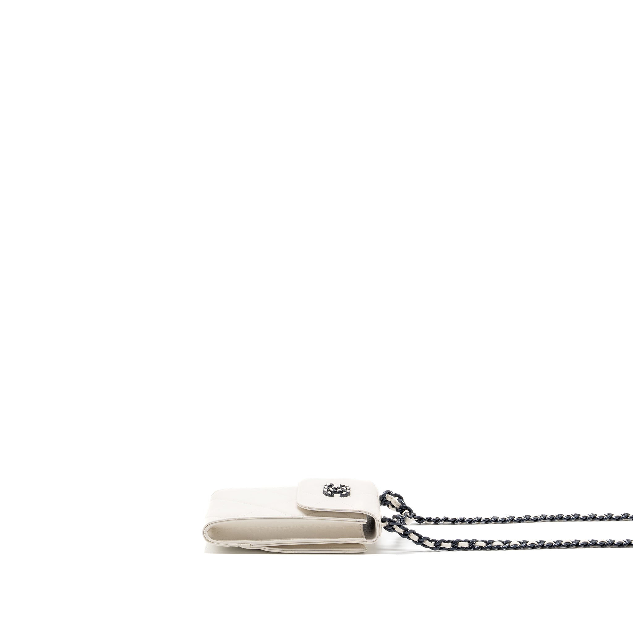CHANEL VERTICAL 19 PHONE CASE LAMBSKIN WHITE WITH BLACK HARDWARE