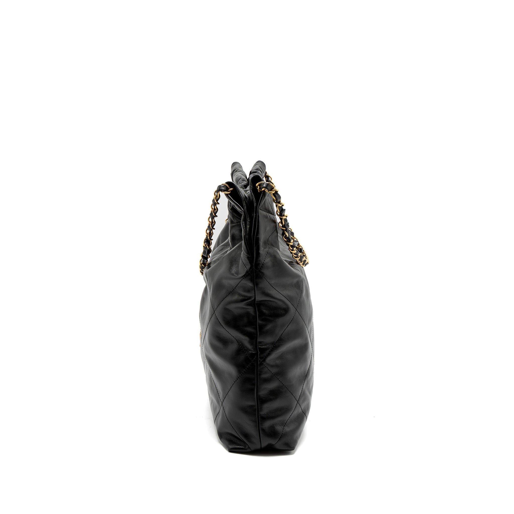 CHANEL MEDIUM 22 BAG GOLD LETTER SHINY CALFSKIN BLACK BRUSHED GHW (MICROCHIP)