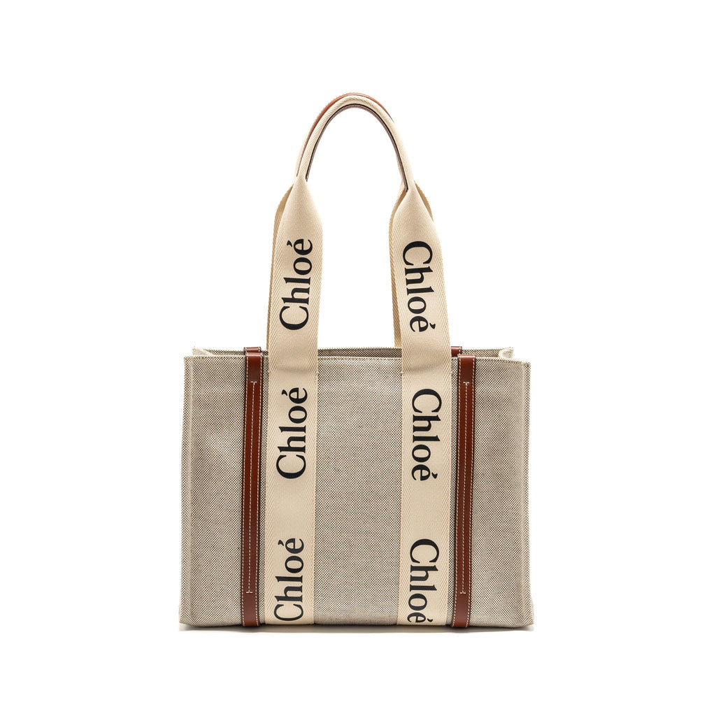 CHLOE WOODY TOTE BAG CANVAS IVORY / BROWN