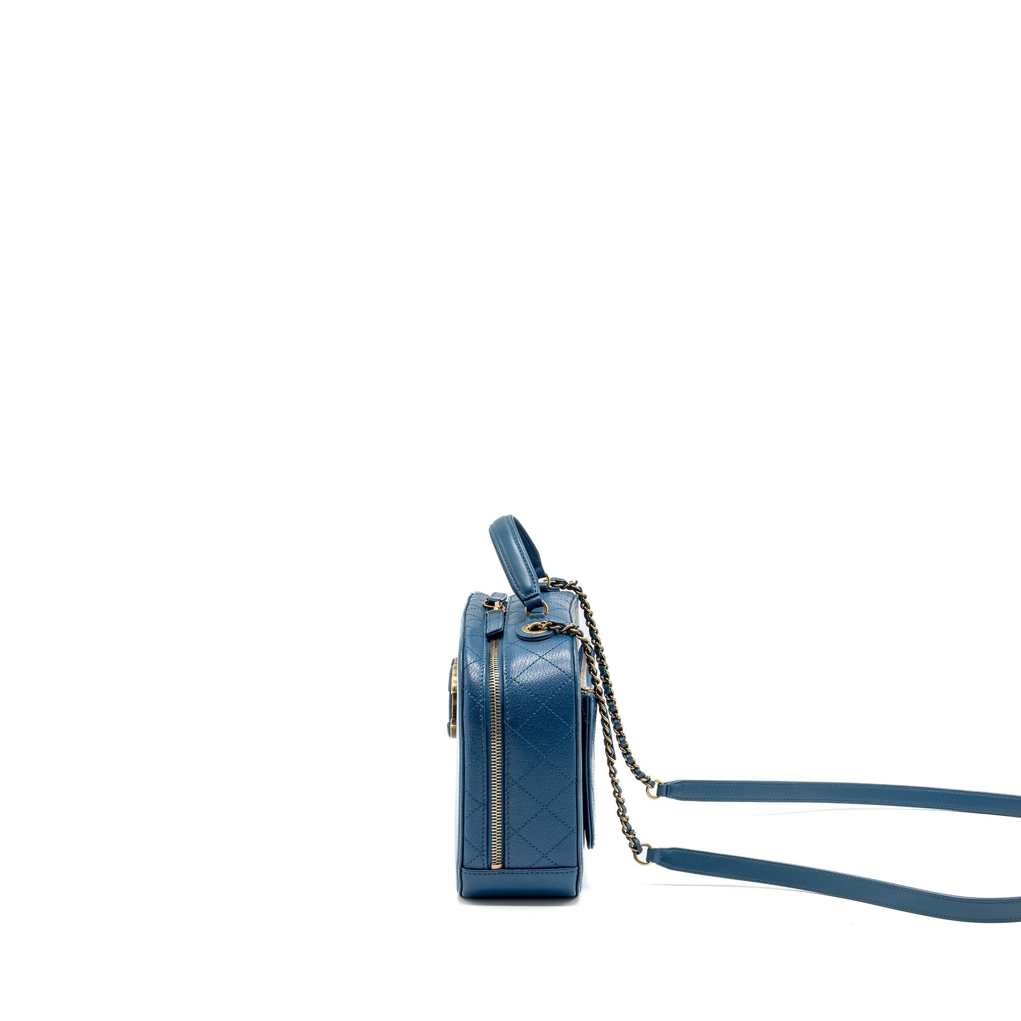 CHANEL TOP HANDLE ZIP VANITY BAG LEATHER BLUE GHW