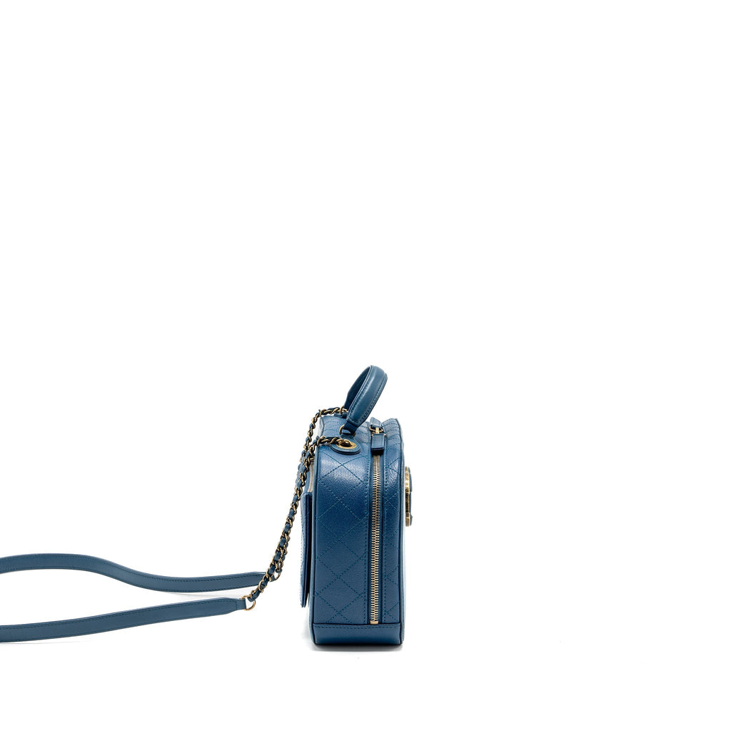 CHANEL TOP HANDLE ZIP VANITY BAG LEATHER BLUE GHW