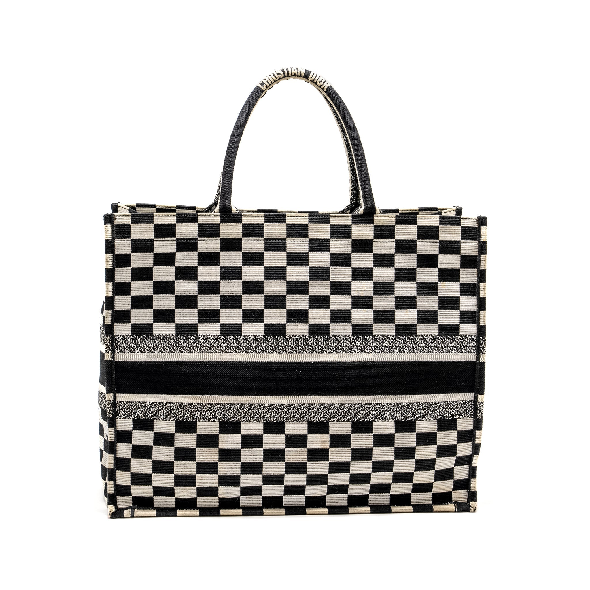 DIOR LARGE BOOK TOTE WHITE CHECKERED EMBROIDERED CANVAS BLACK / WHITE