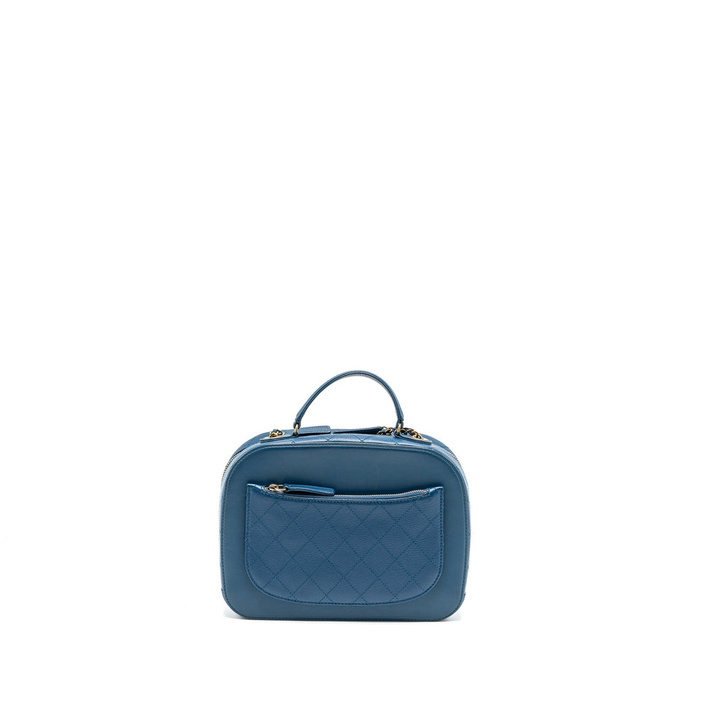 CHANEL TOP HANDLE ZIP VANITY BAG LEATHER BLUE GHW