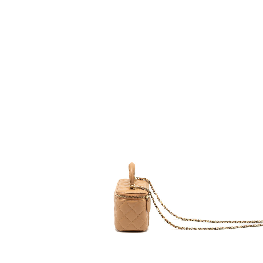CHANEL TOP HANDLE LONG VANITY CASE WITH CHAIN LAMBSKIN CARAMEL LGHW(MICROCHIP)