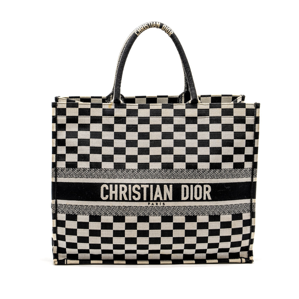 DIOR LARGE BOOK TOTE WHITE CHECKERED EMBROIDERED CANVAS BLACK / WHITE
