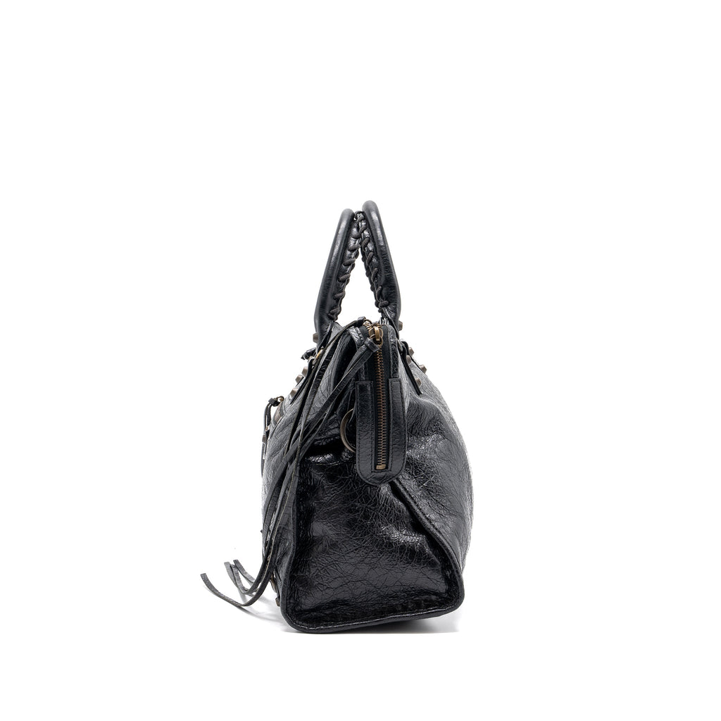 BALENCIAGA CLASSIC CITY BAG LEATHER BLACK RUTHENIUM GOLD HARDWARE