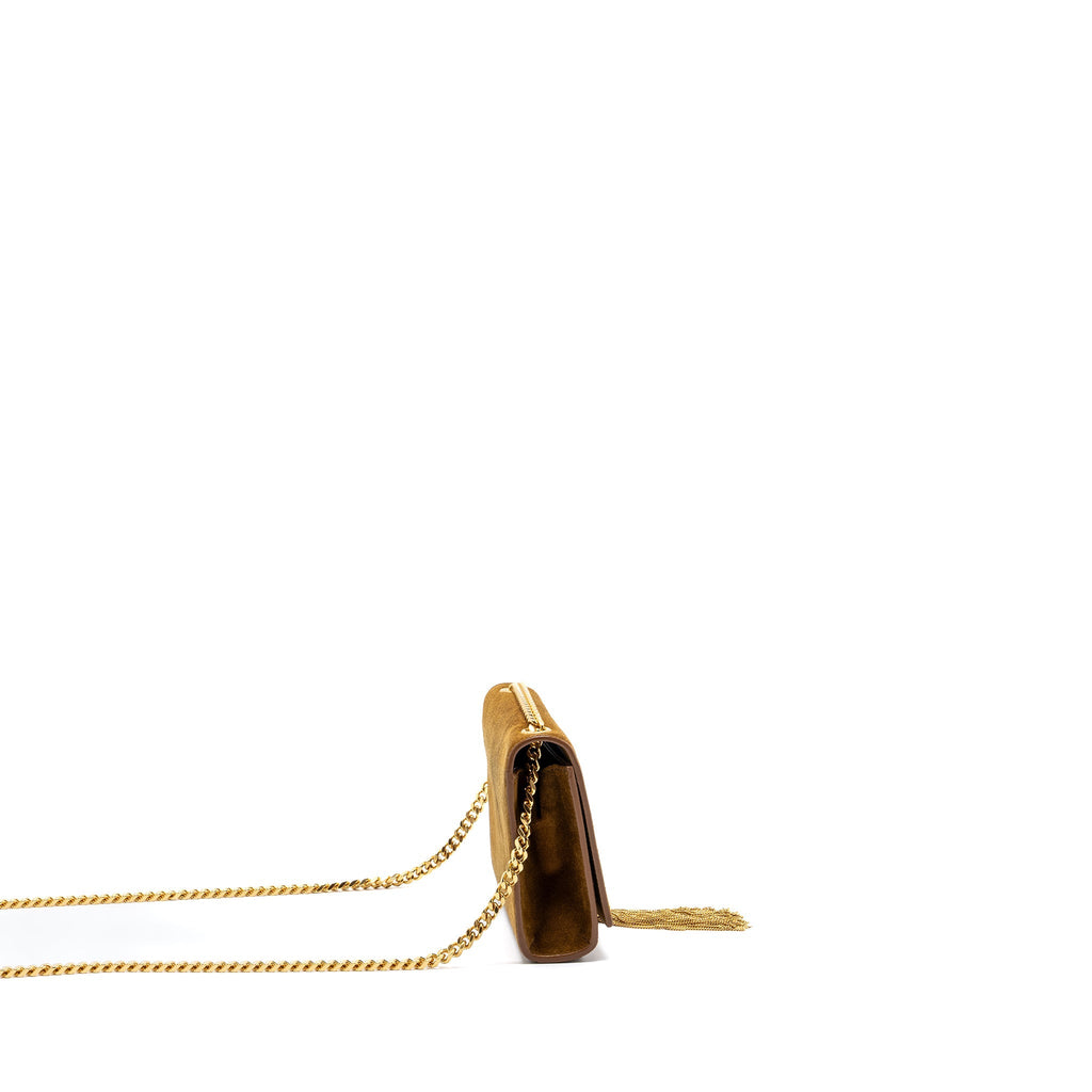 SAINT LAURENT KATE CHAIN WALLET WITH TASSEL SUEDE BROWN GHW