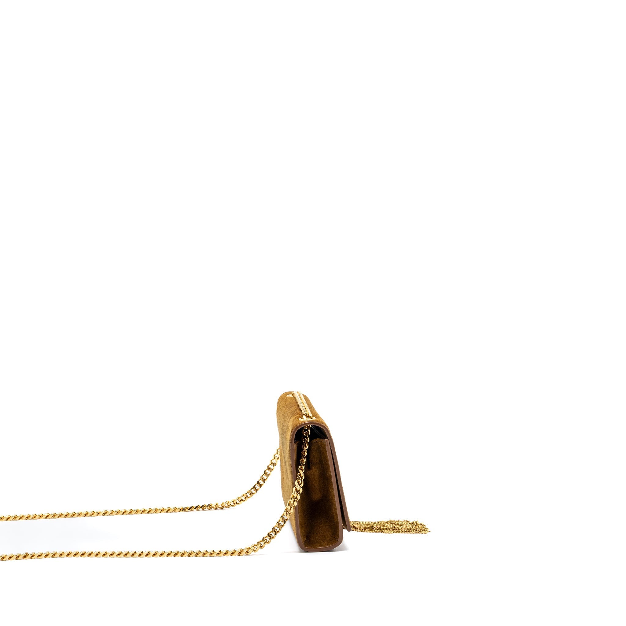 SAINT LAURENT KATE CHAIN WALLET WITH TASSEL SUEDE BROWN GHW